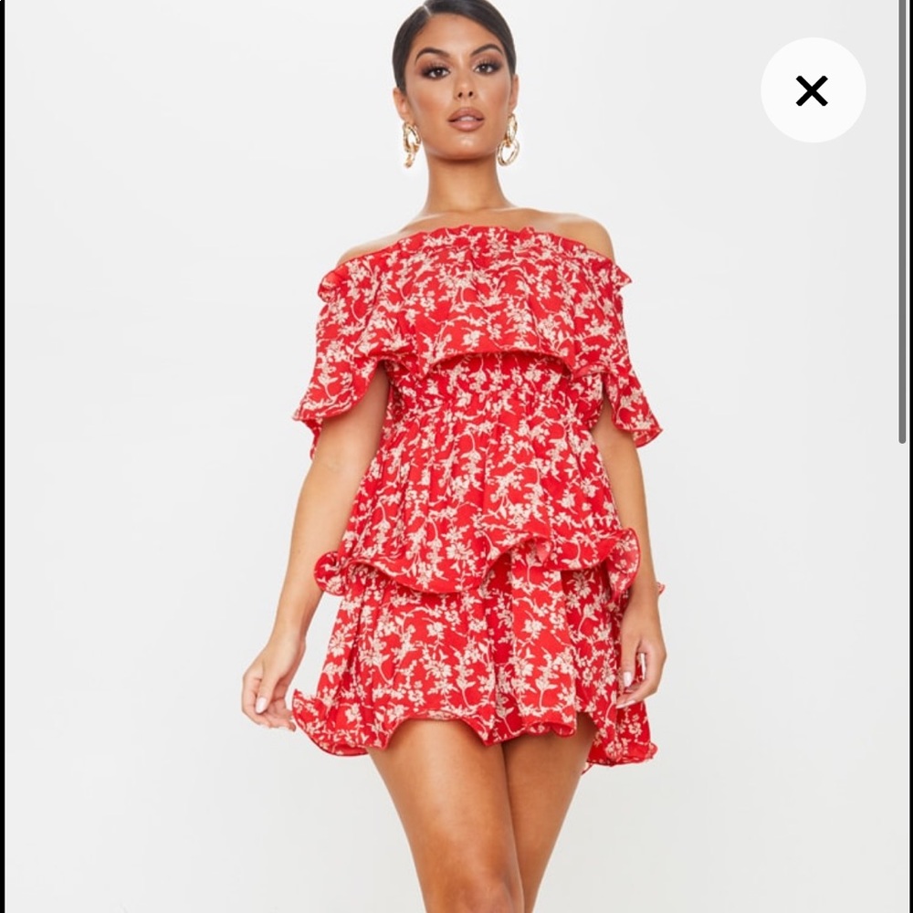 NEW. Red Floral Print Chiffon Ruffle Dress
